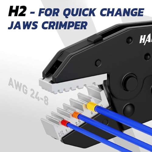 wiring crimp H2 quick-change jaws crimper with three test wires, showing AWG 24-8 die sizes for insulated terminals.