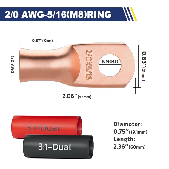 20PCS Bare Battery Cable Copper Wire Lugs with 10pcs 3:1 Adhesive Heat Shrink Tubing