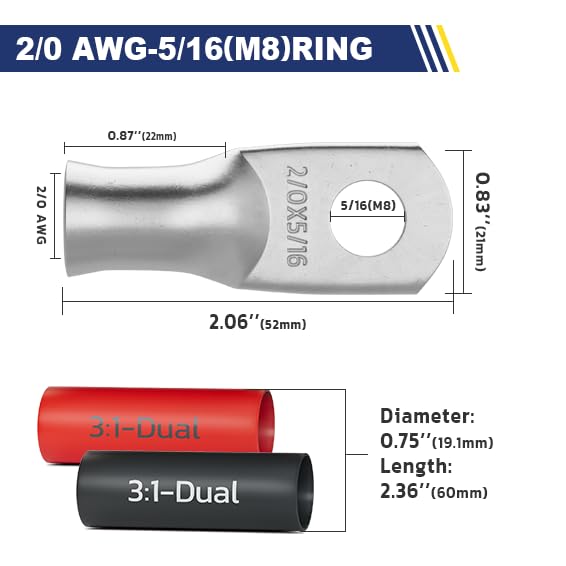 20 PCS Tinned Battery Cable Copper Wire Lugs with 10pcs 3:1 Adhesive Heat Shrink Tubing