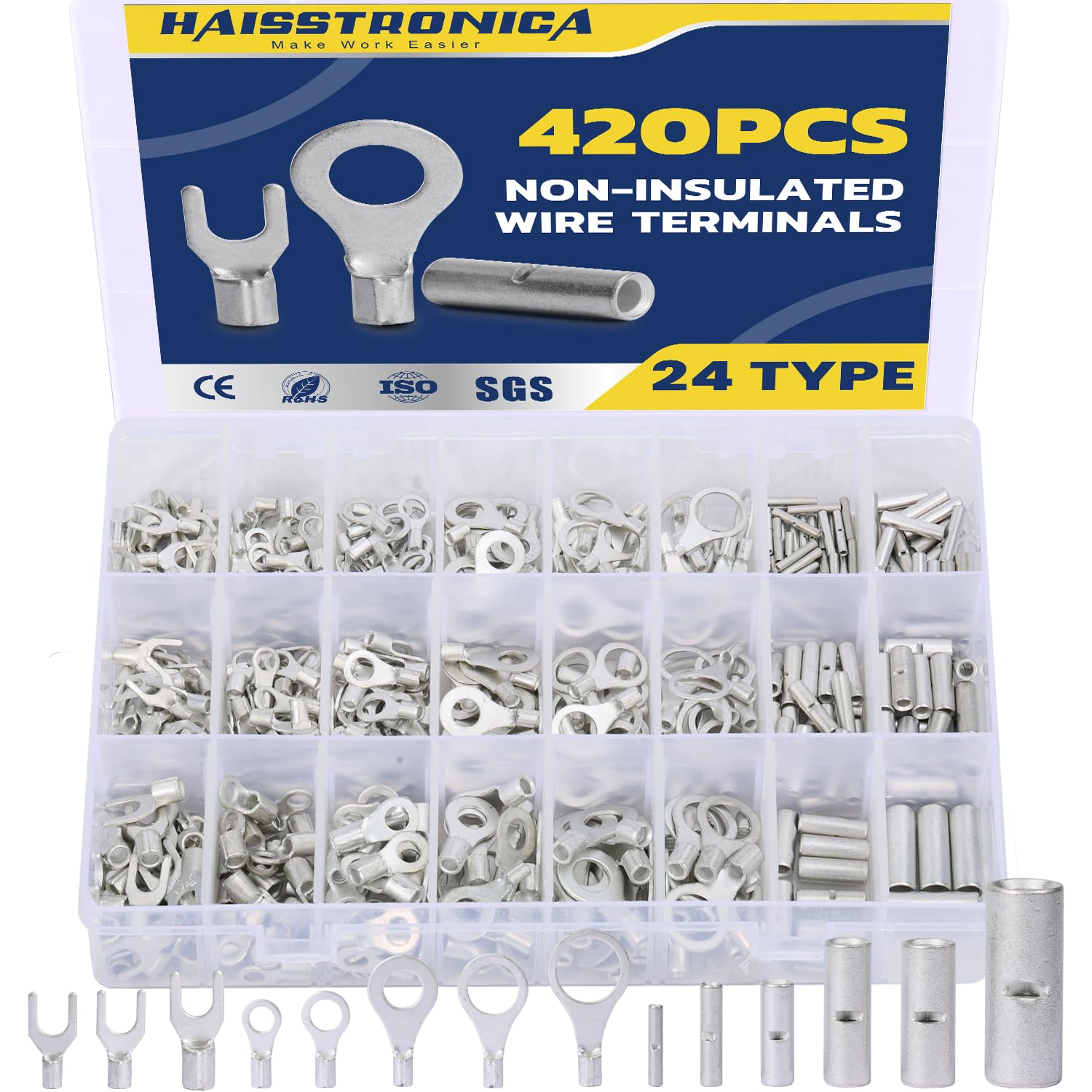 Haisstronica Lot de 100 cosses à anneau 3/8", AWG 16-14, connecteurs de fils en cuivre non isolés à soudure brasée