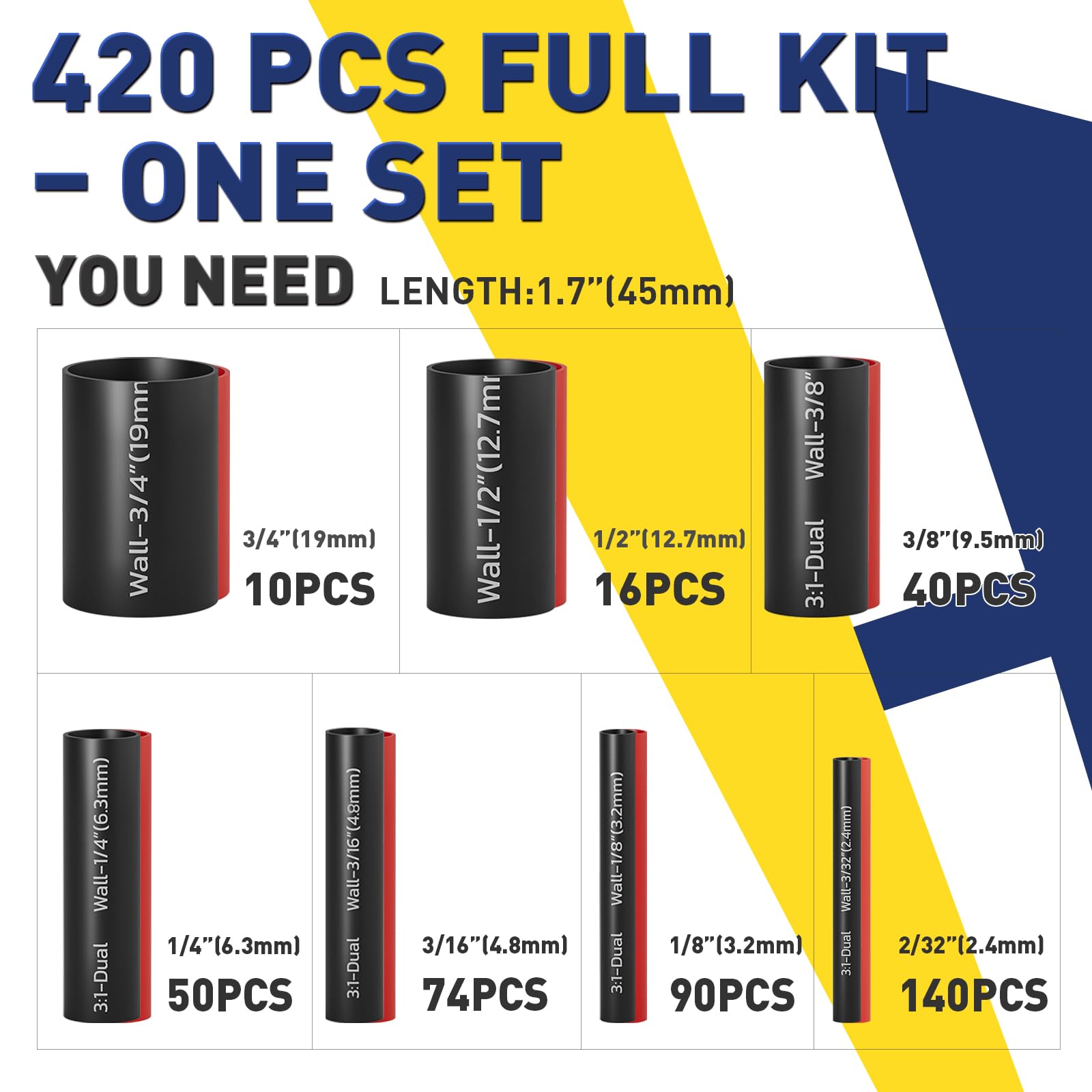 220PCS Heat Shrink Tubing Kit - 3:1 Shrink Ratio - Black+Red