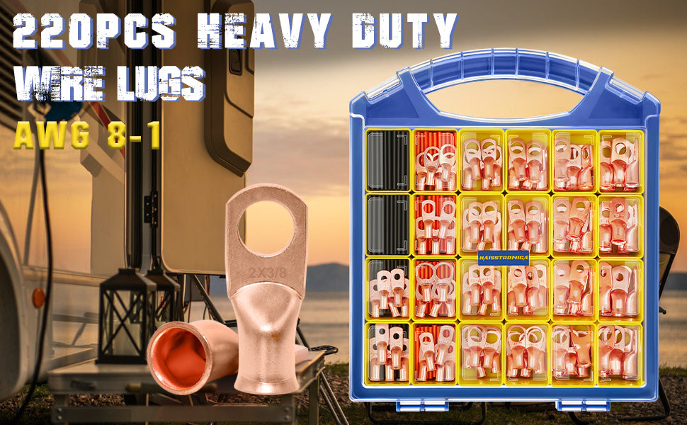 220PCS heavy duty lug terminals kit in portable case, assorted copper ring sizes for AWG 8–1, RV and marine projects.