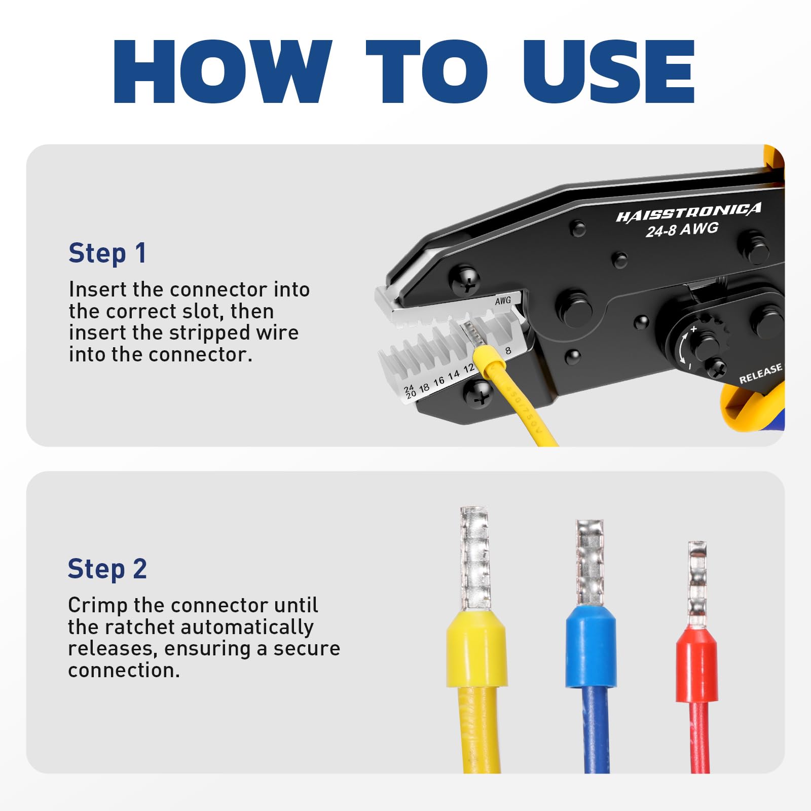 Haisstronica crimping dies for ferrule terminals and insulated sleeves (AWG 24-8), ideal for automation.