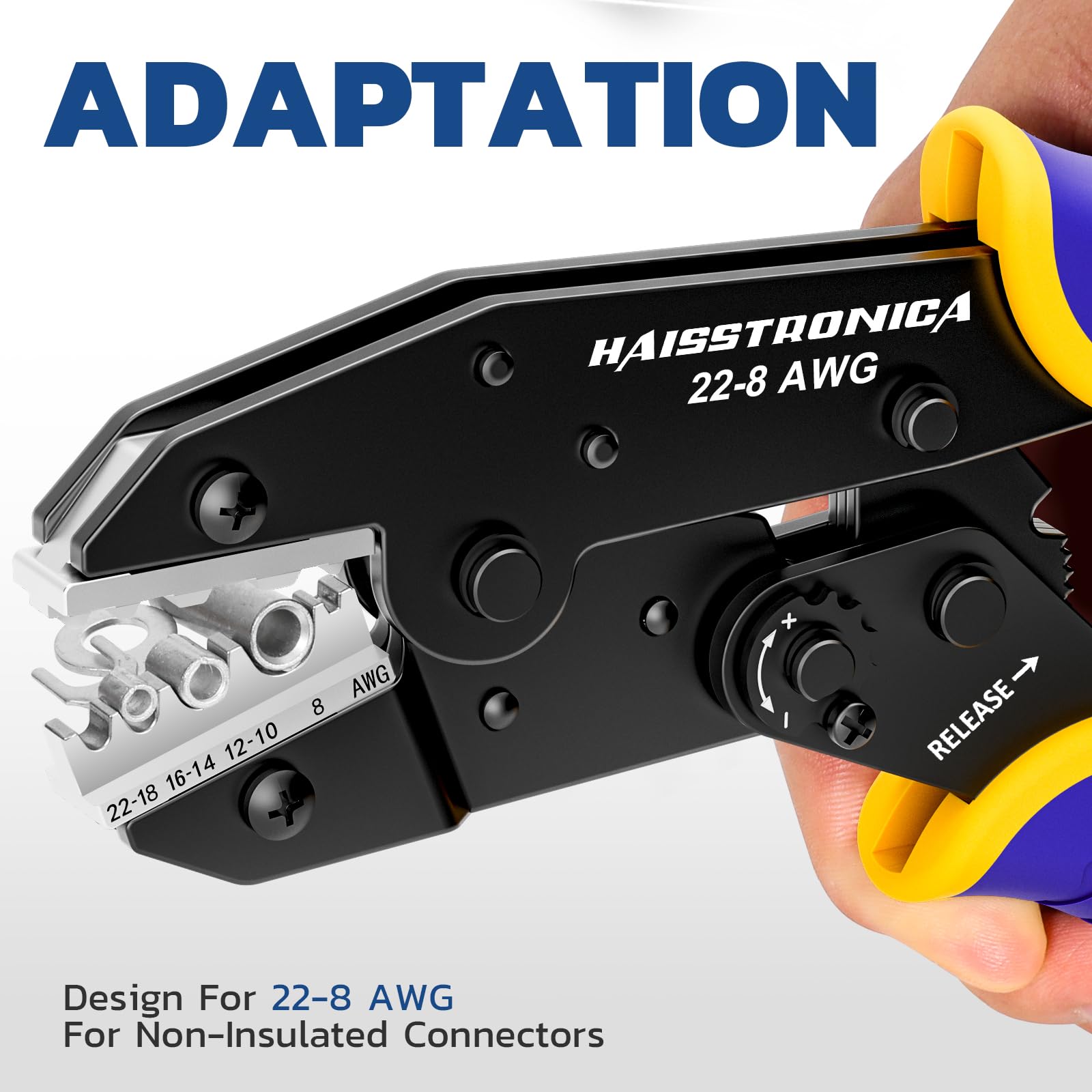Haisstronica crimp tool die set for non-insulated terminals (excludes copper lugs) in AWG 22-10 range.
