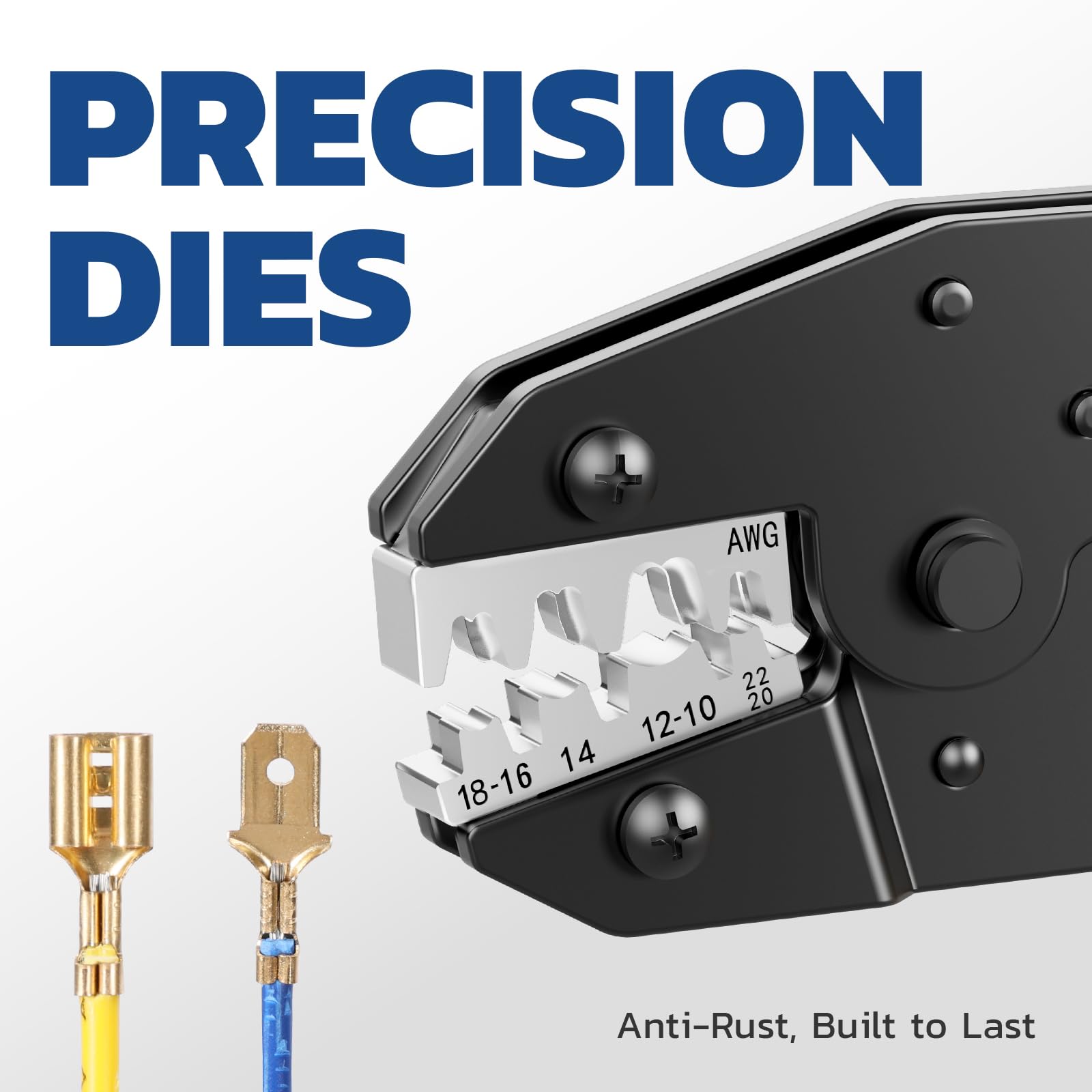 Haisstronica crimp tool dies for non-insulated terminals (AWG 22-10) with anti-corrosion coating.