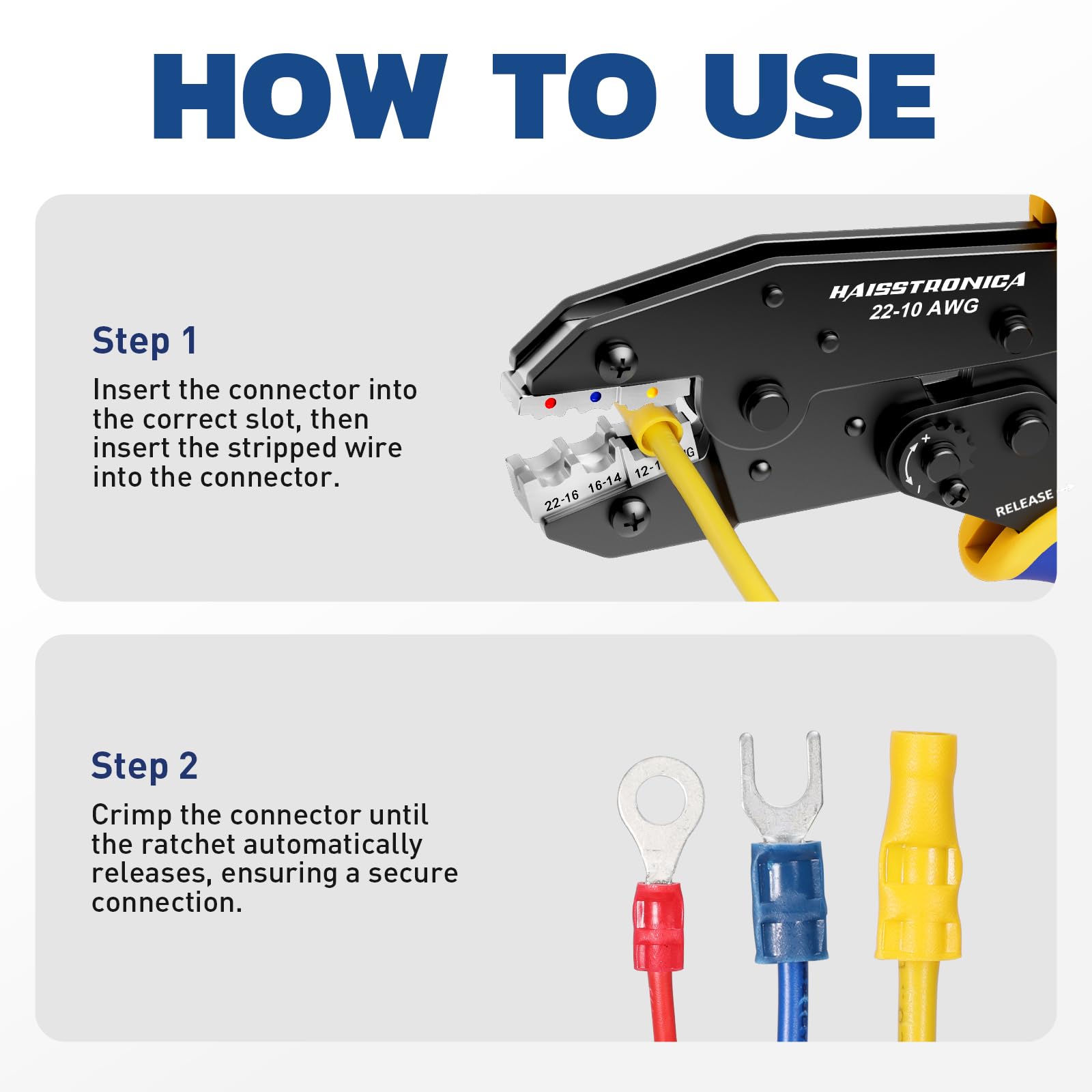 Haisstronica crimp tool dies designed for insulated/nylon terminals (AWG 16-12) and heat shrink applications.