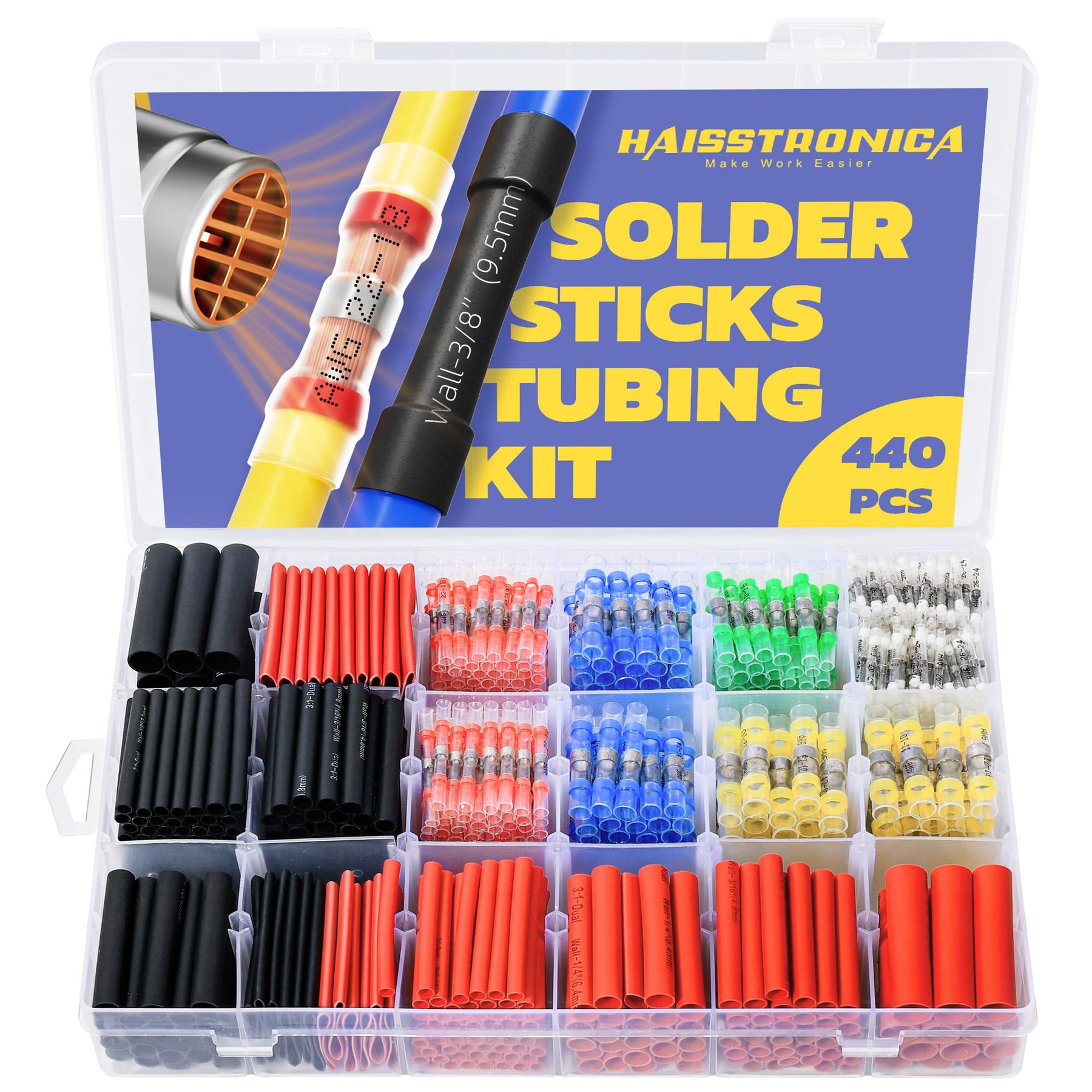 Haisstronica solder wire connectors kit (440pc): Combines waterproof connectors and heat-shrink tubing for durable joins.