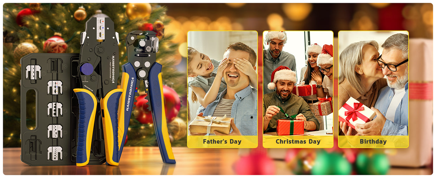 Holiday display of crimping wire tool, wire crimps connectors and storage case, shown as a gift for DIY electricians.