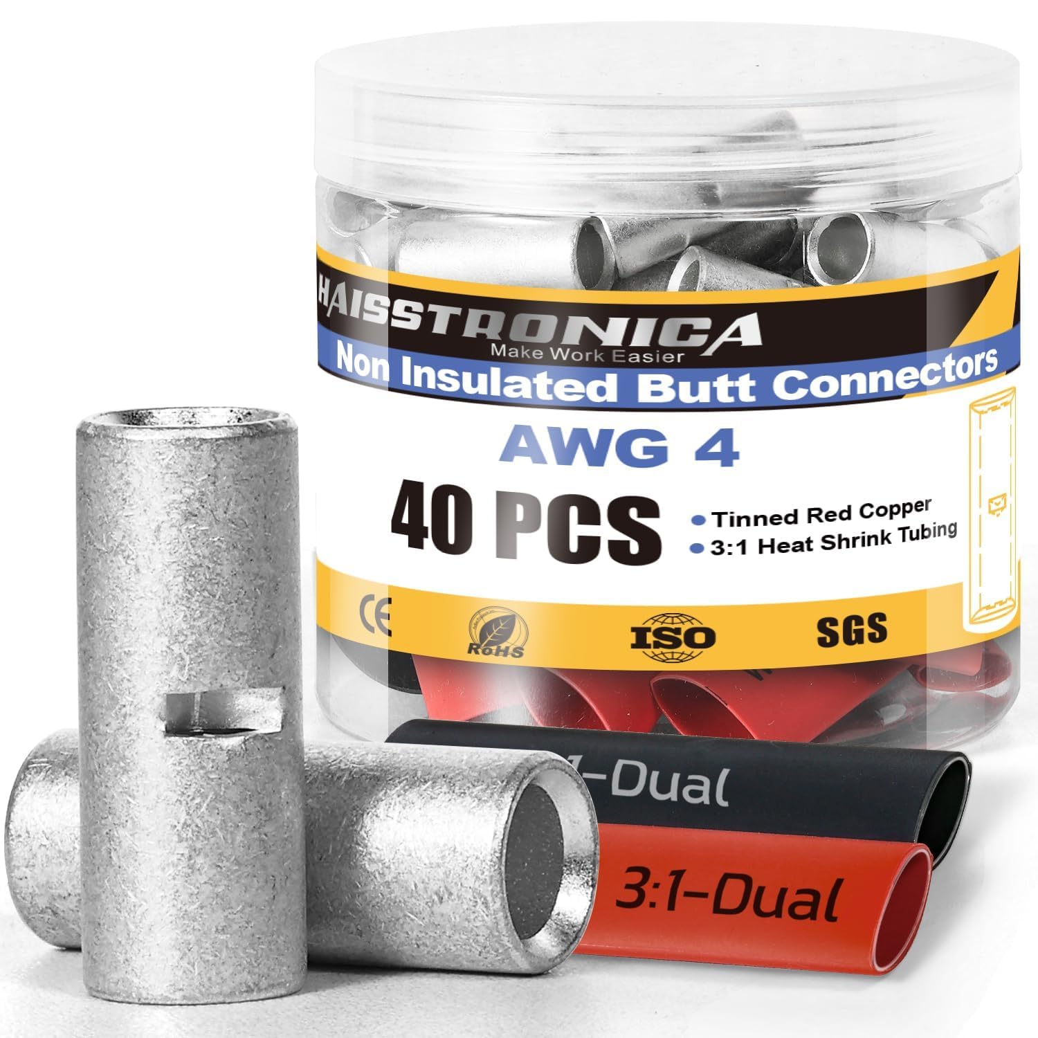Haisstronica non insulated butt connectors: AWG4 (40pcs) with tinned copper and 3:1 heat shrink tubing - RoHS/ISO/SGS certified.