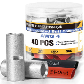 Haisstronica non insulated butt connectors: AWG4 (40pcs) with tinned copper and 3:1 heat shrink tubing - RoHS/ISO/SGS certified.