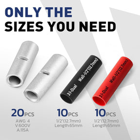 Haisstronica heavy-duty non insulated splice: 20pcs AWG4 (115A) with 65mm heat shrink tubing for industrial use.