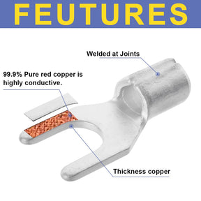 haisstronica 100pcs #8 Fork Terminals,AWG 22-16 Brazed Seam Non-Insulated Copper Wire Connectors