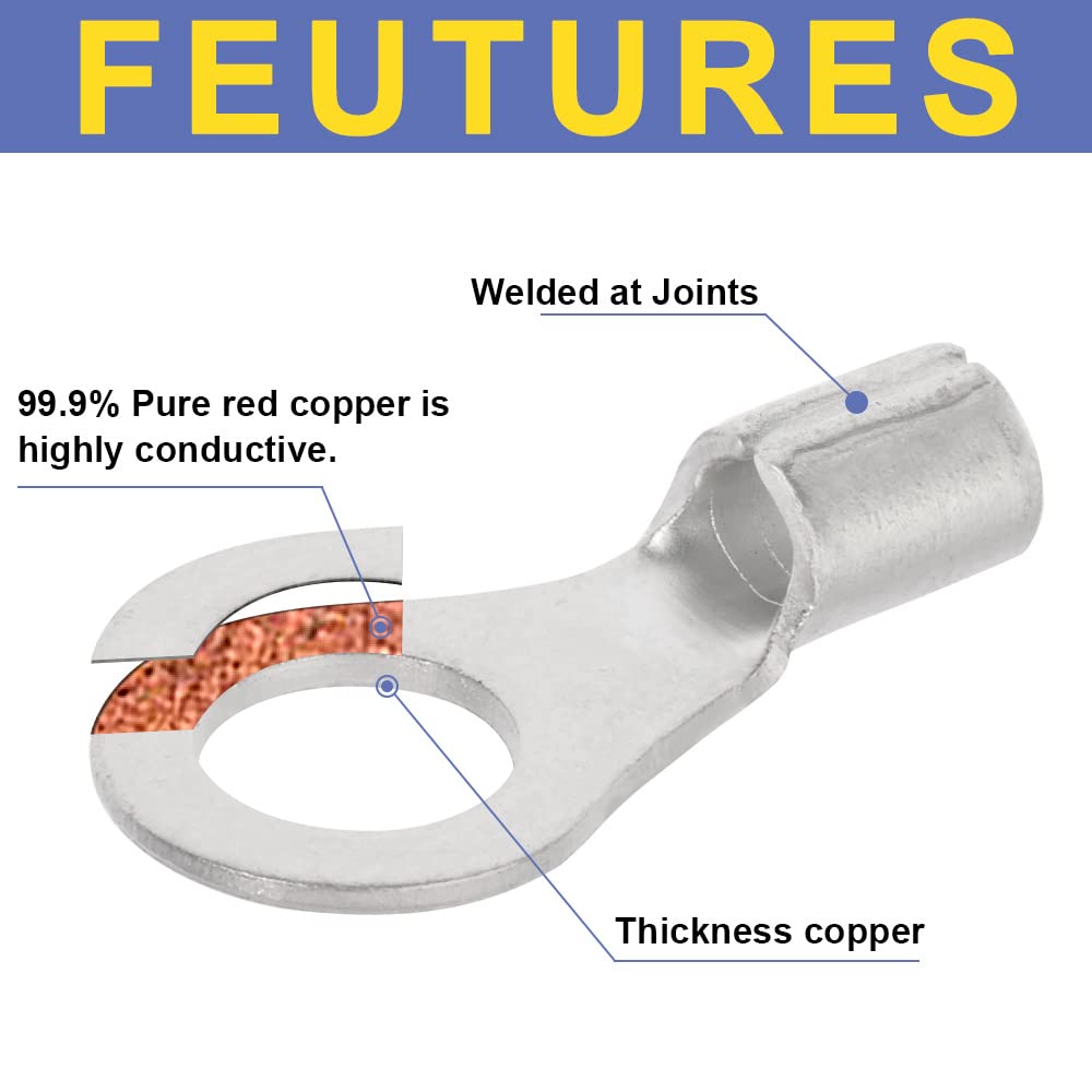 Haisstronica 50 cosses à anneau n° 8, AWG 12-10, connecteurs de fils en cuivre non isolés à soudure brasée