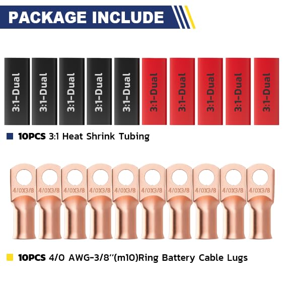 20PCS Bare Battery Cable Copper Wire Lugs with 10pcs 3:1 Adhesive Heat Shrink Tubing