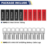 Battery cable with lugs package image, showing multiple ring terminals lined below black and red 3:1 heat shrink tubes