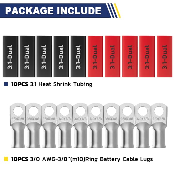 20 PCS Tinned Battery Cable Copper Wire Lugs with 10pcs 3:1 Adhesive Heat Shrink Tubing
