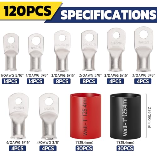 Haisstronica Lot de 10 cosses de câble de batterie 1/4" (M6) AWG, cosses en fil de cuivre robustes avec 10 gaines thermorétractables adhésives 3:1, cosses de fil de calibre 1/4, connecteur de borne de batterie, embouts de câble de batterie