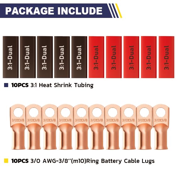 20PCS Bare Battery Cable Copper Wire Lugs with 10pcs 3:1 Adhesive Heat Shrink Tubing