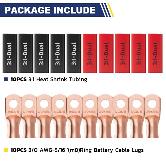 20PCS Bare Battery Cable Copper Wire Lugs with 10pcs 3:1 Adhesive Heat Shrink Tubing
