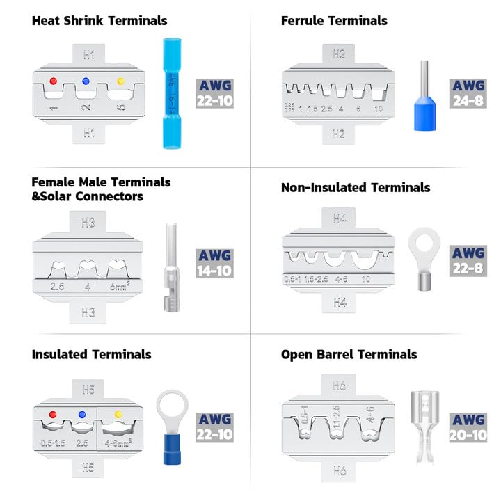 Kit de sertissage 6 en 1 Haisstronica, outil de sertissage à cliquet professionnel avec 6 matrices interchangeables pour connecteurs thermorétractables, non isolés, virole, corps ouvert, isolés, cadeaux pour hommes