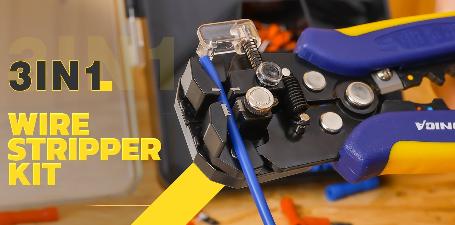 Heavy-duty cable strip tool highlights three functions—strip, cut, crimp—supporting AWG 10–22 insulated terminals.