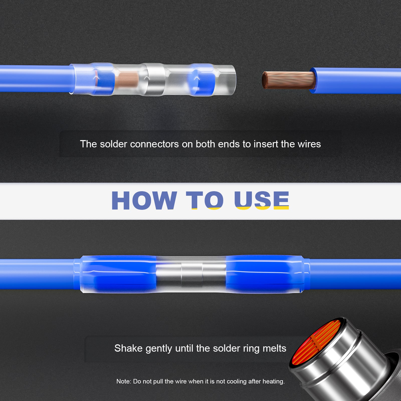 How to use solder wire connectors: insert stripped wires, heat with a gun until the solder ring melts for sealed splice
