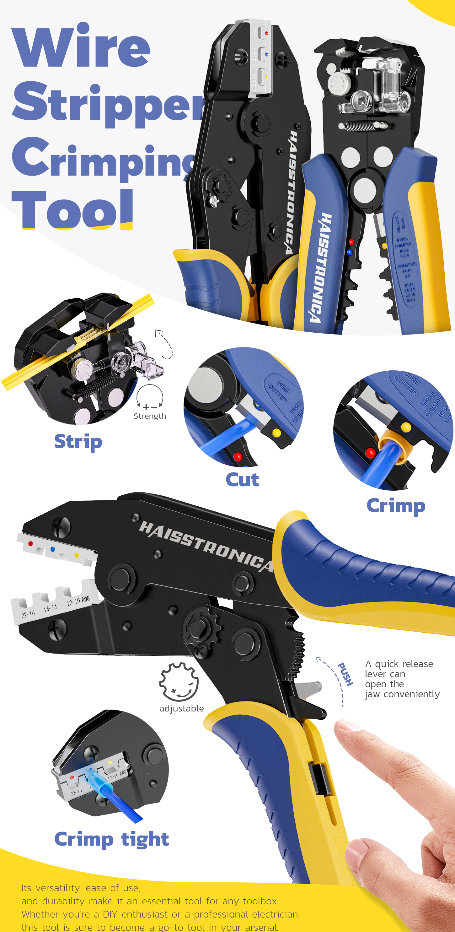 Garage bench scene showing Haisstronica crimp on wire connectors kit with interchangeable dies and ratchet handle pliers