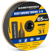 Haisstronica 1/4" black heat shrink tubing, 65 feet, 3:1 ratio with adhesive lining for airtight seals.