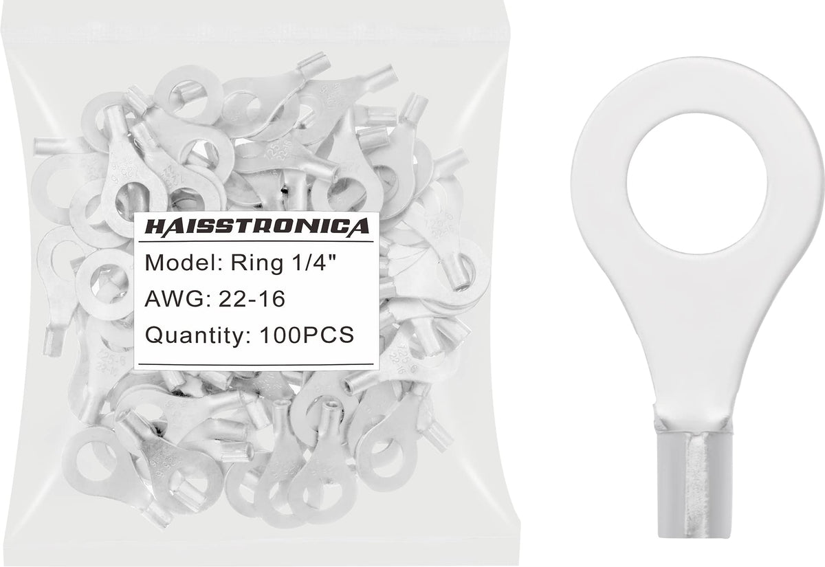 haisstronica 100pcs 1/4" Ring Terminals,AWG 22-16 Brazed Seam Non-Insulated Copper Wire Connectors