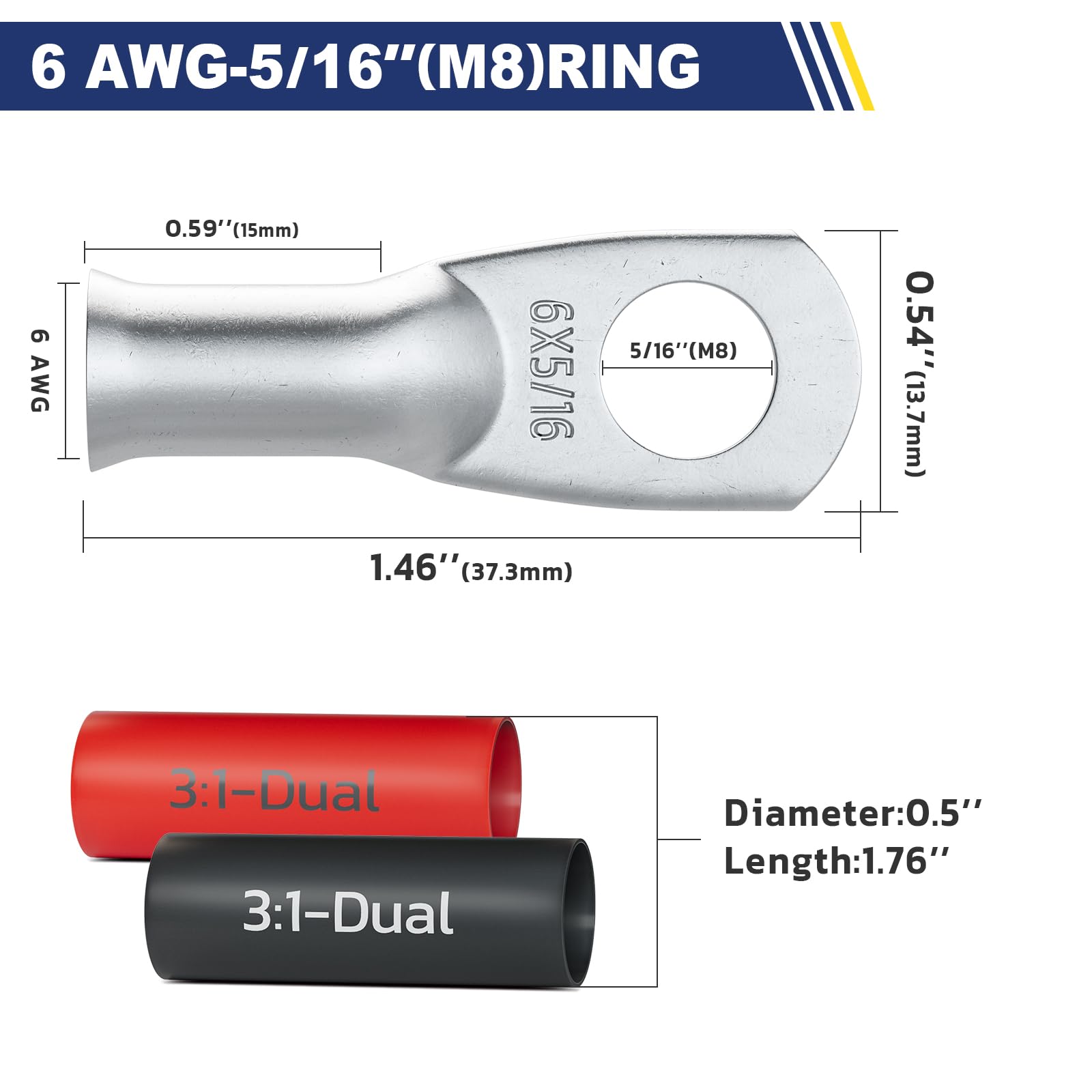 Haisstronica Lot de 10 cosses de batterie en cuivre étamé 6 AWG (5/16" M8), robustes, avec 10 gaines thermorétractables adhésives 3:1, calibre 6, extrémités de câble de batterie en cuivre étamé