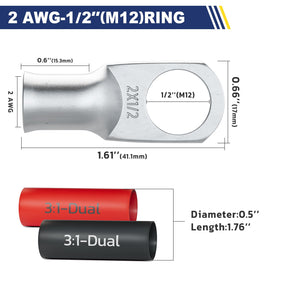 Haisstronica Lot de 10 cosses de batterie en cuivre étamé 2 AWG - 1/2" (M12), cosses robustes en fil de cuivre avec 10 gaines thermorétractables adhésives 3:1, cosses de calibre 2, extrémités de câble de batterie en cuivre étamé