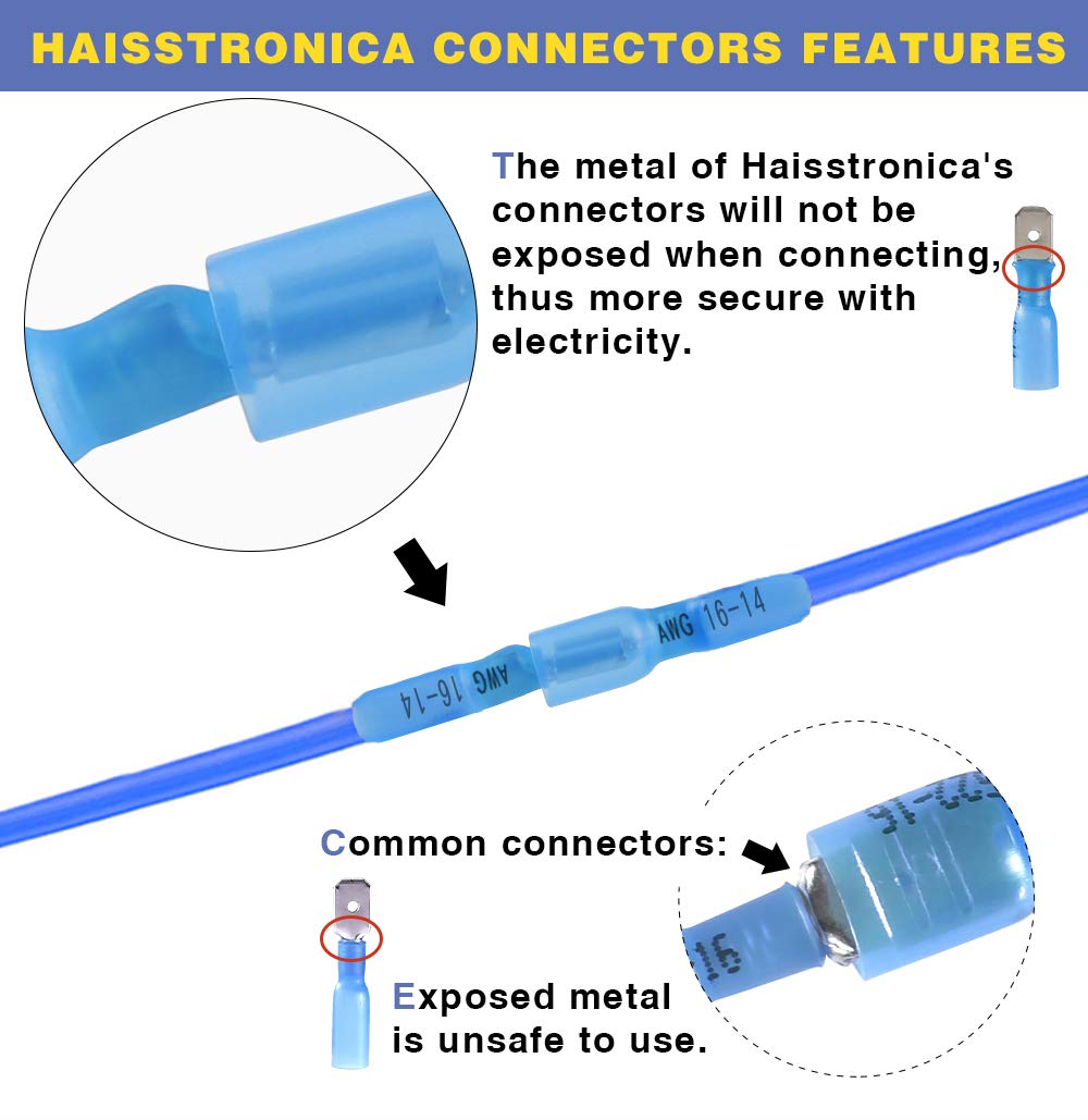 haisstronica 100pcs Blue Heat Shrink Female Spade Connectors,16-14 Gauge Insulated Electrical Crimp Wire Terminals