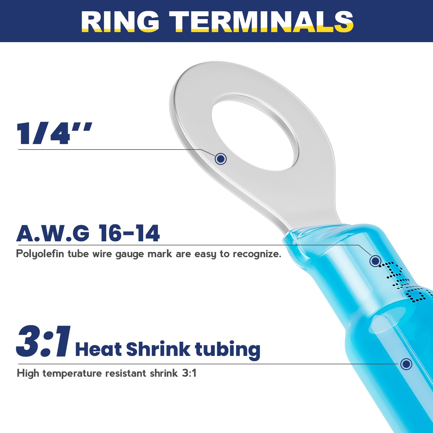 haisstronica 200PCS Heat Shrink Ring Terminals 1/4" Marine Grade Wire Connectors Blue AWG 16-14 Gauge, Tinned Red Copper 0.7mm Resistant Ring Connectors, Brazed-Seam Insulated Electrical Crimp