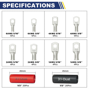 haisstronica 76PCS Tinned Copper Wire Lugs Kit,Heavy Duty Battery Cable Lugs AWG 6 4 2 1,Battery Terminals Connectors with 3:1 Heat Shrink Tube