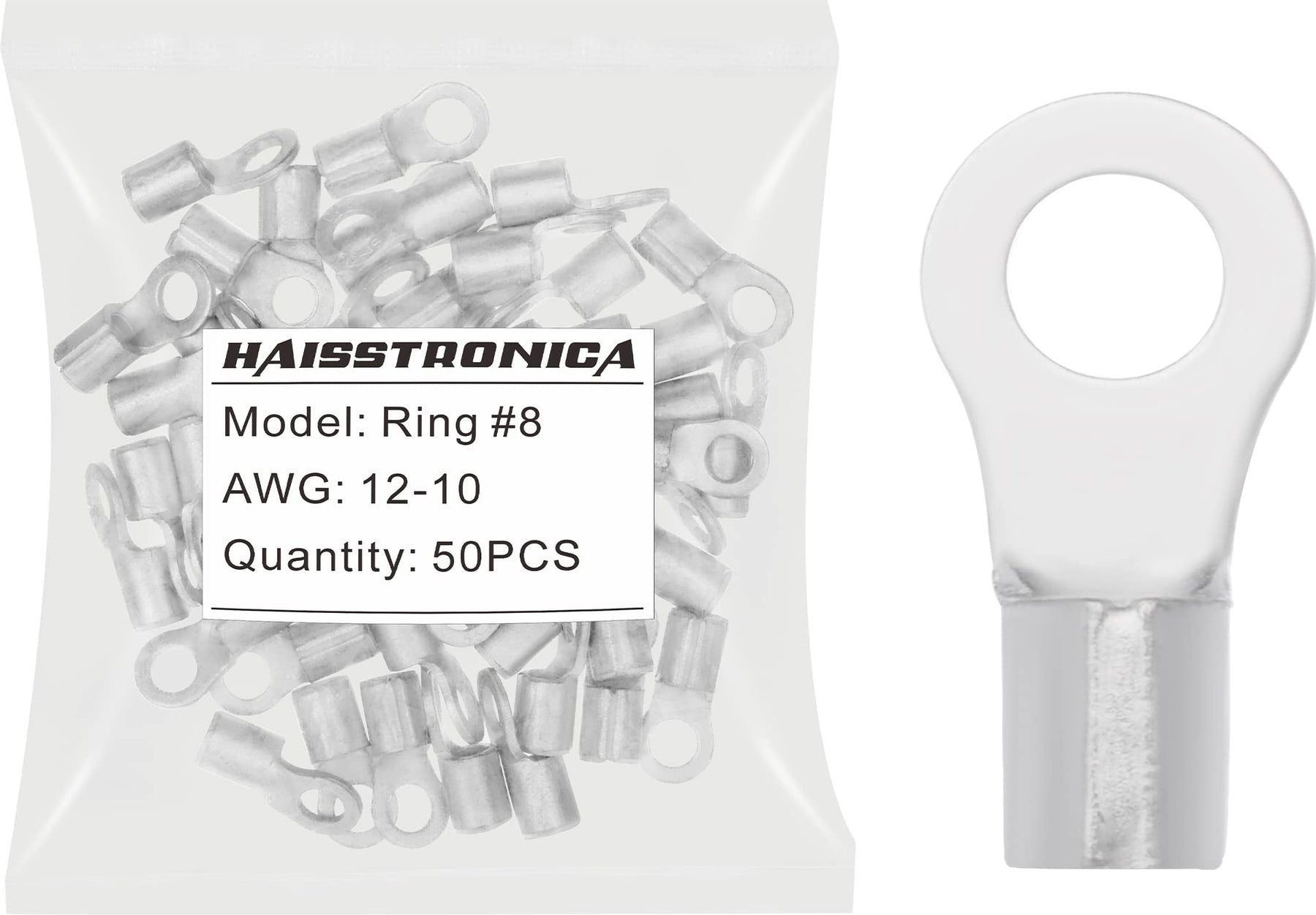 haisstronica 50pcs #8 Ring Terminals,AWG 12-10 Brazed Seam Non-Insulated Copper Wire Connectors