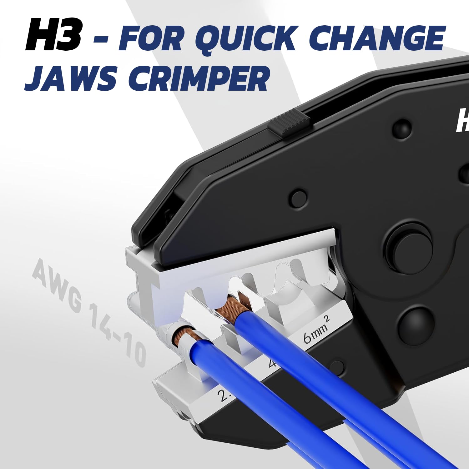 crimp for wires H3 quick-change jaws crimper holding stripped copper conductors, labeled 2.5-6mm2 for AWG 14-10.