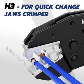 crimp for wires H3 quick-change jaws crimper holding stripped copper conductors, labeled 2.5-6mm2 for AWG 14-10.