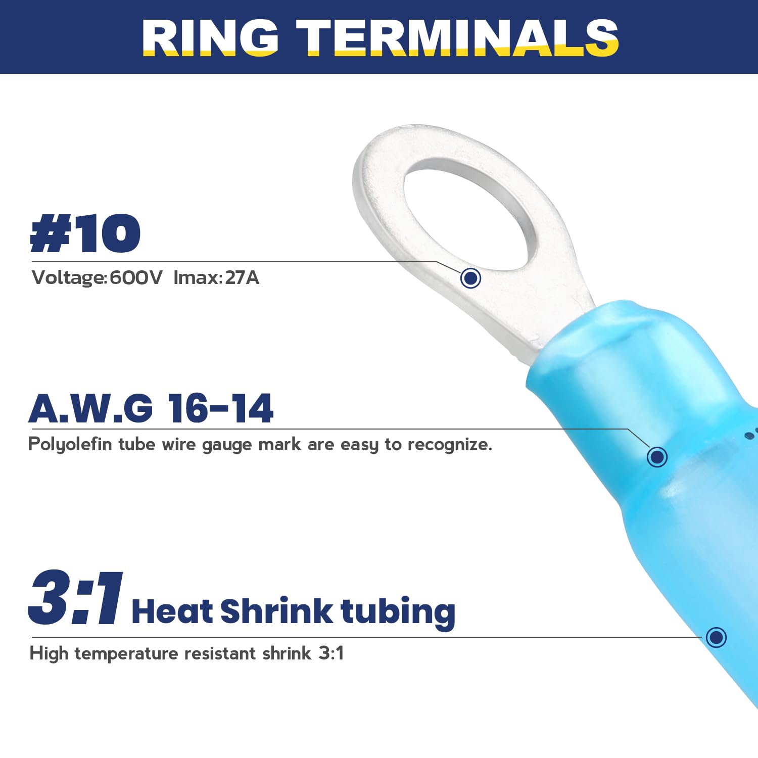 haisstronica 200pcs #10 Blue Marine Grade Heat Shrink Ring Connectors,16-14 Gauge Tinned Red Copper 0.7mm Ring Terminals Waterproof Eyelet Wire Connectors,Brazed-Seam Insulated Electrical Crimp