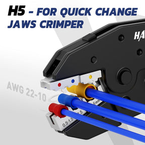 tools for crimping H5 quick-change jaws crimper presses red, blue, yellow insulated connectors on blue wires, AWG22-10.