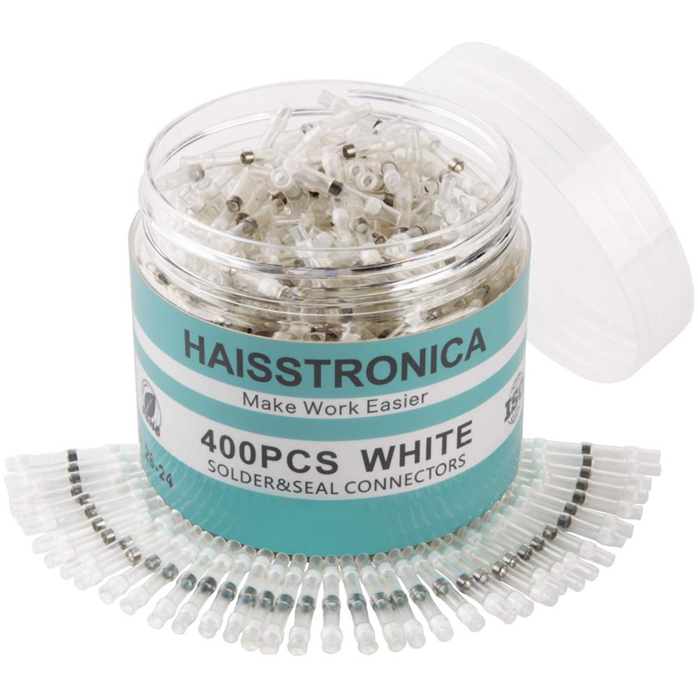 haisstronica 400PCS White Solder Seal Wire Connectors,Waterproof Wire Connectors, Insulate Heat Shrink Butt Connectors for Watercraft,Electrical,Electronics 26-24