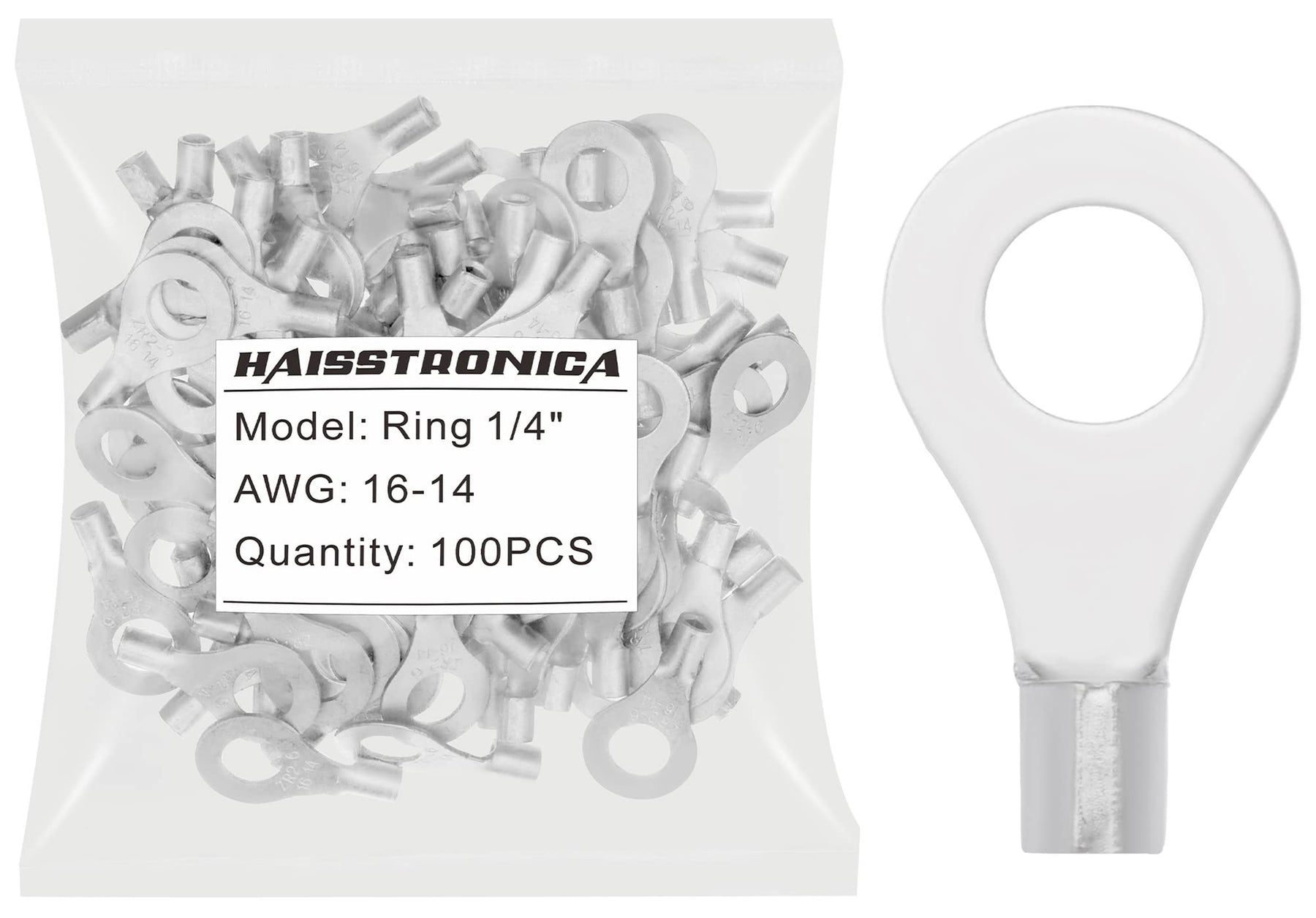 haisstronica 100pcs 1/4" Ring Terminals,AWG 16-14 Brazed Seam Non-Insulated Copper Wire Connectors