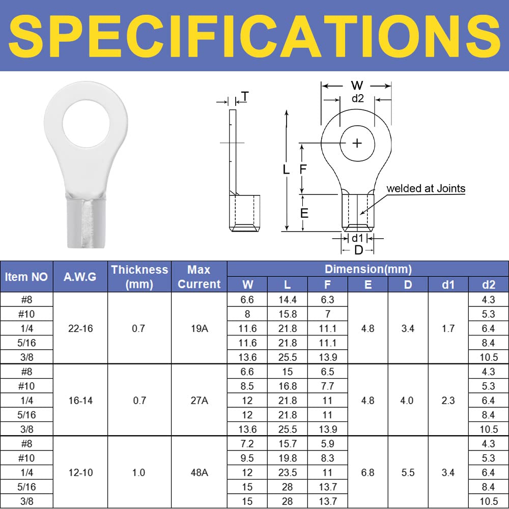 Haisstronica 50 cosses à anneau n° 8, AWG 12-10, connecteurs de fils en cuivre non isolés à soudure brasée