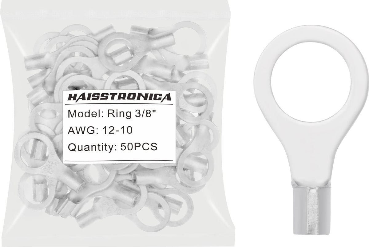 haisstronica 50pcs 3/8" Ring Terminals,AWG 12-10 Brazed Seam Non-Insulated Copper Wire Connectors