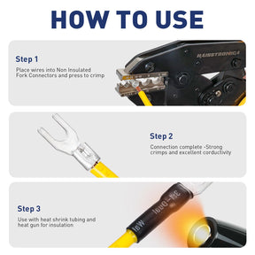 step graphic of uninsulated terminal kit, crimpers non-insulate workflow from wire insertion to shrunk waterproof joint