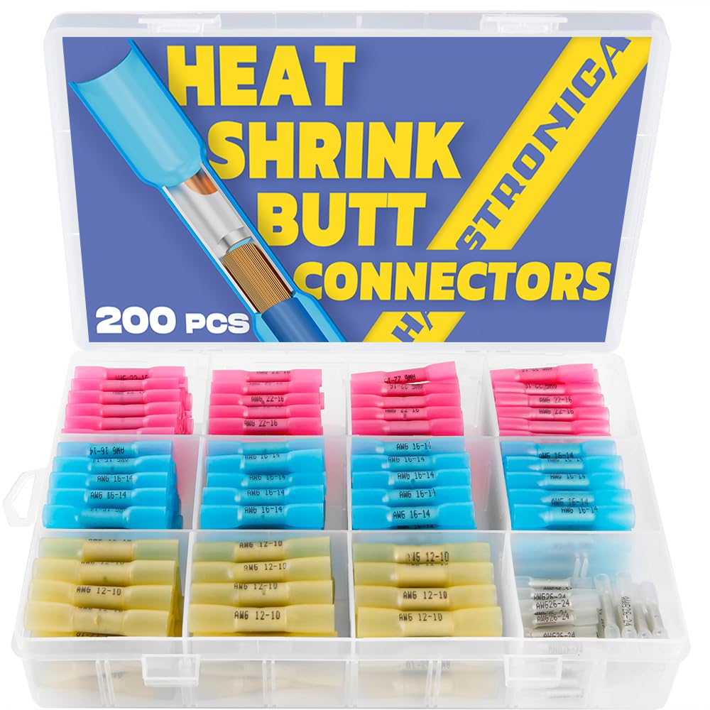 haisstronica 200PCS Marine Grade Heat Shrink Wire Butt Connectors,26-10 Gauge Wire Connectors-Tinned Red Copper Waterproof -Butt Splice Connectors(4Colors/4Sizes)