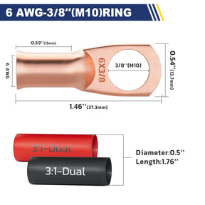 Haisstronica Lot de 10 cosses de batterie 6 AWG (3/8 po) M10, cosses en fil de cuivre robustes avec 10 gaines thermorétractables adhésives 3:1, connecteurs de fils de calibre 6, connecteurs de bornes de batterie, embouts de câbles de batterie