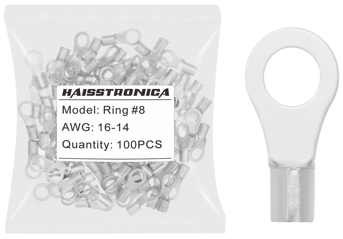 Haisstronica 100 cosses à anneau n° 8, AWG 16-14, connecteurs de fils en cuivre non isolés à soudure brasée