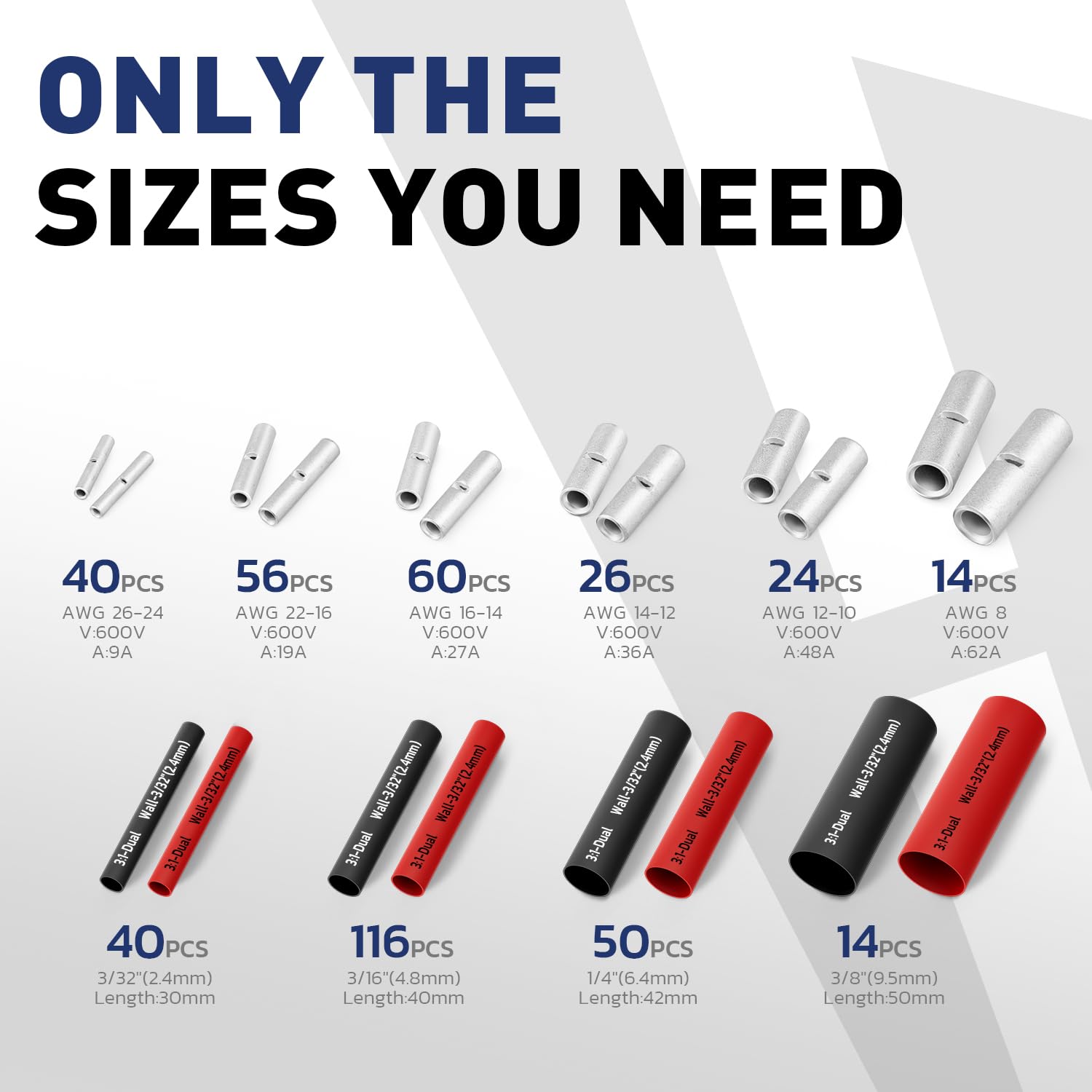 Non insulated butt splice kit infographic shows ferrule counts and heat shrink tubes, the sizes you need for wiring.