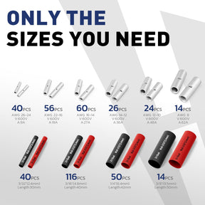 Non insulated butt splice kit infographic shows ferrule counts and heat shrink tubes, the sizes you need for wiring.