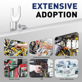 non-insulated fork terminals application graphic for electrical, automotive, marine, DIY and home appliance wiring tasks.